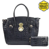 American Bee ~ Black  Croc Leather Handbag w/ Black Wallet