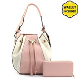 Large Drawstring Handbag Pink & Cream w/Wallet (Pink)