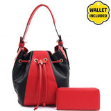 Large Drawstring Handbag Red & Black w/Wallet (Red)