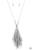 A Clean Sweep - Silver Paparazzi Necklace with Gray Leather Tassel Flares